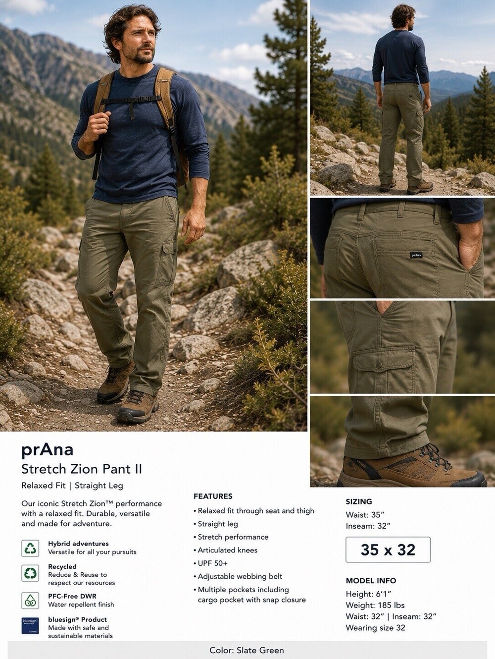prAna Stretch Zion Pant II Men’s 35x32 Slate Green Relaxed Straight Leg NWT